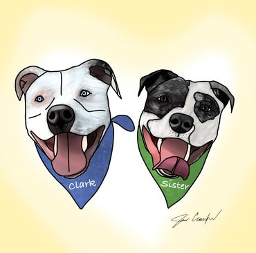 A drawing of two dogs named clark and sister