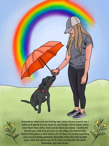 A woman holding an umbrella over a black dog with a rainbow behind them