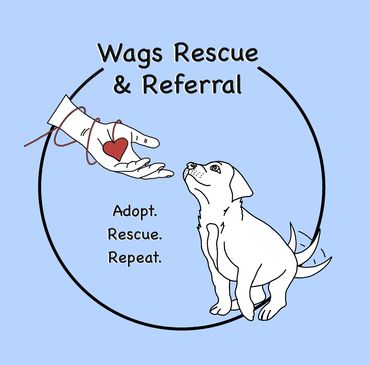 A logo for Wags Rescue and Referral with a hand holding a heart down to a puppy