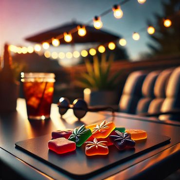 2 Gummies in lounge. A relaxing outdoor scene with gummies.