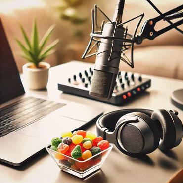 2 Gummies in podcast lounge. Relaxing space with podcast microphone, headphones, multicolor edibles