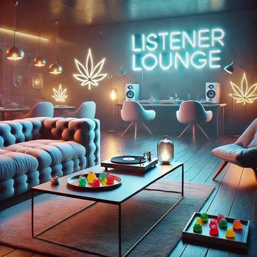 2 Gummies In lounge. A relaxing room with sofa and bean bag chairs. Neon sign says listener lounge.