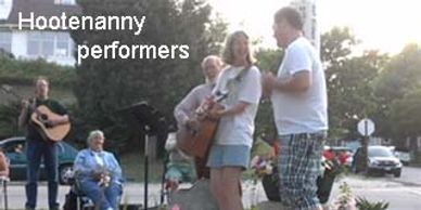 Singers and musicians entertain onlookers at a Hootenanny.