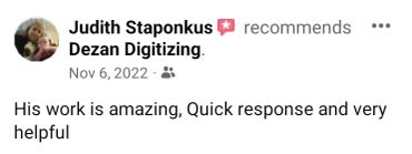 Positive review praising quick and helpful work.