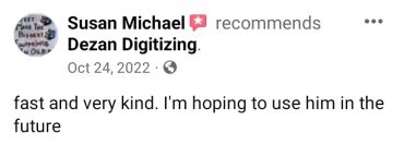 Positive review recommending Dezan Digitizing for fast and kind service.