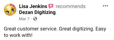 Positive customer review praising Dezan Digitizing's service and ease of work.