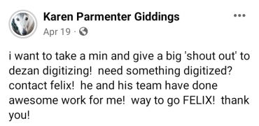 Facebook post praising Dezan Digitizing and Felix for great service.