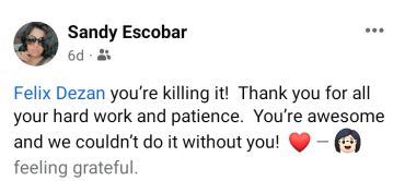 A grateful message praising Felix Dezan for hard work and patience.