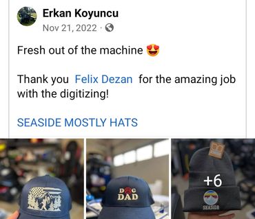 A social media post praising digitized hat designs including dog dad and seaside motifs.