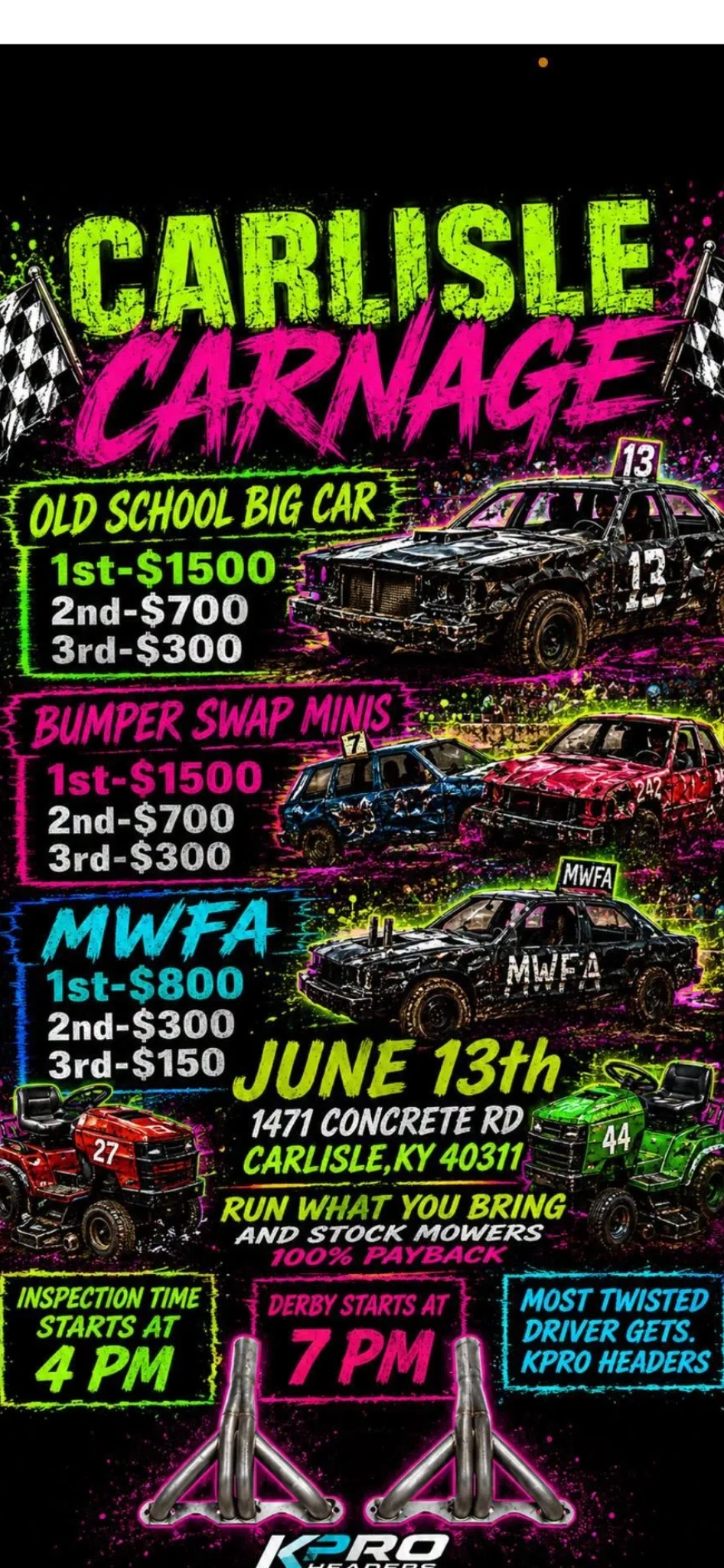 Carlisle CARNAGE
June 13, 2026
1471 Concrete rd Carisle Ky 40311
For more info about this event chec