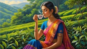 Woman in colorful sari enjoying tea in a lush green landscape.
