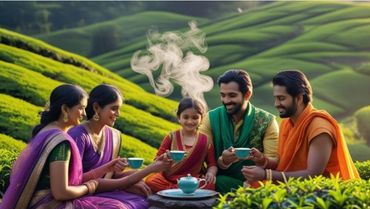 A family enjoys tea together in lush green tea plantations.