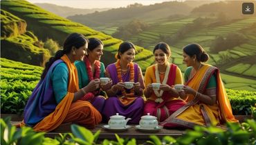 Five women in colorful traditional attire enjoying tea amidst lush green hills.