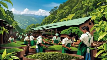 Workers sorting green tea leaves in a lush mountain plantation.
