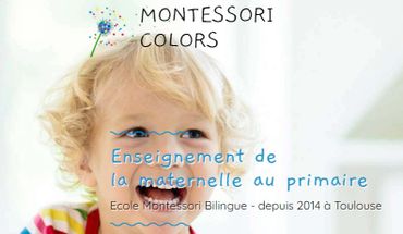 Young child smiling with Montessori bilingual school text in French.