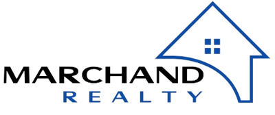 Logo of Marchand Realty with house outline in blue.