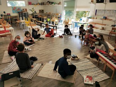 Children wearing masks sitting in a classroom circle on rugs.