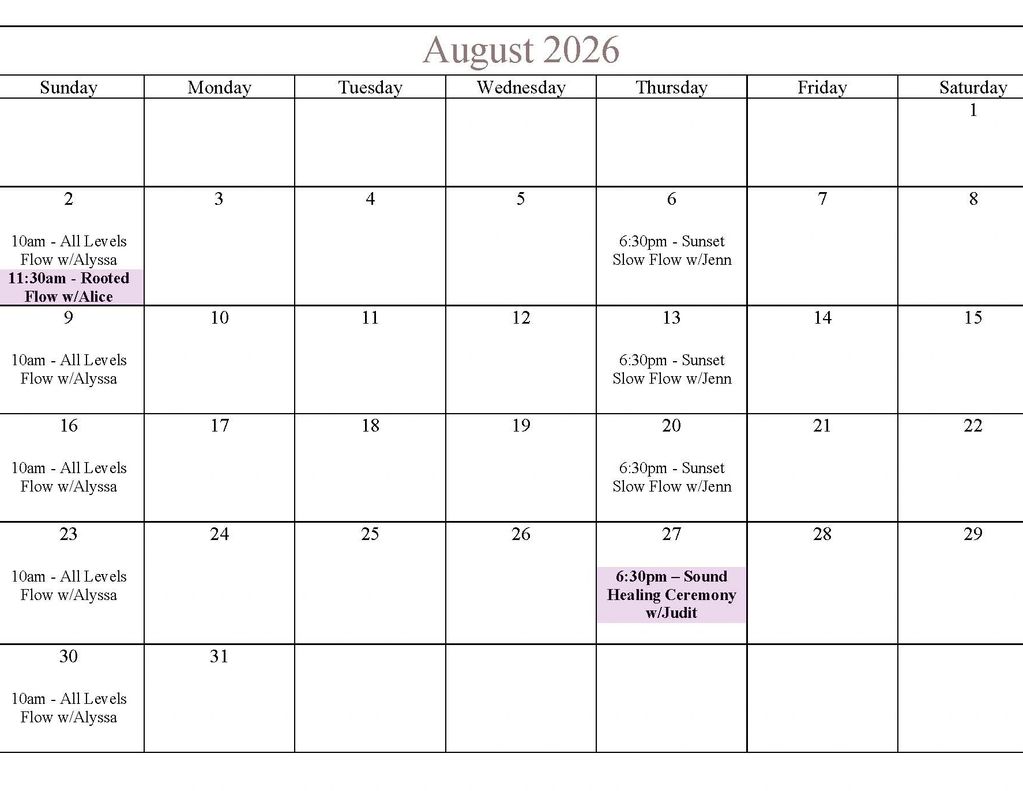 August 2026 event calendar with yoga and healing sessions.