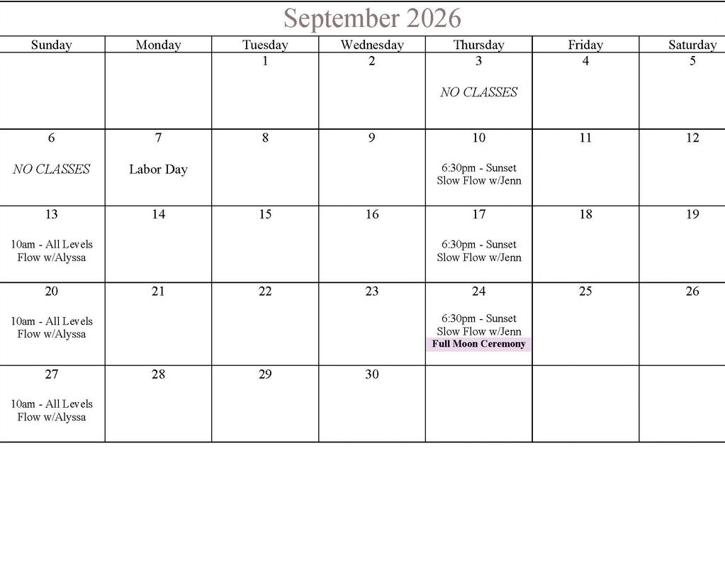 Calendar for September 2026 with yoga classes and events.