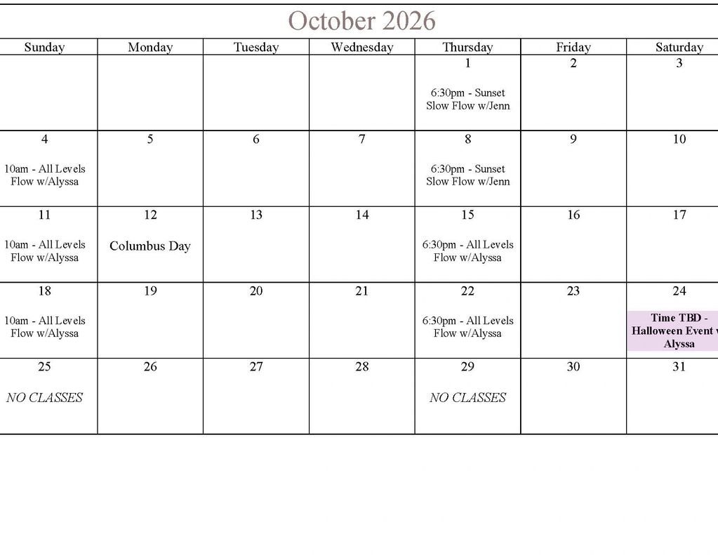 October 2026 yoga class schedule with various flow sessions and a Halloween event.
