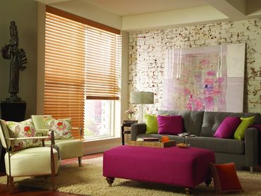 Stained wood window blinds with two blinds on one headrail for large window openings
