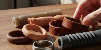 Various rings and textured grips on a wooden surface with a hand touching one.