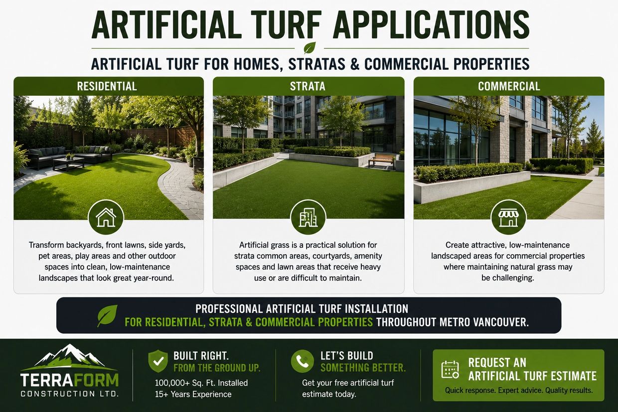 Artificial turf installation for residential, strata and commercial properties in Metro Vancouver.