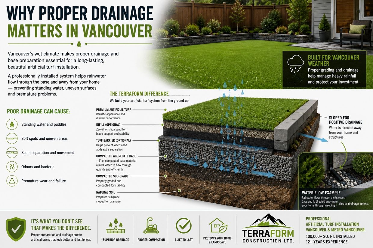 Artificial turf drainage and base preparation designed for Vancouver rain and long-term performance.
