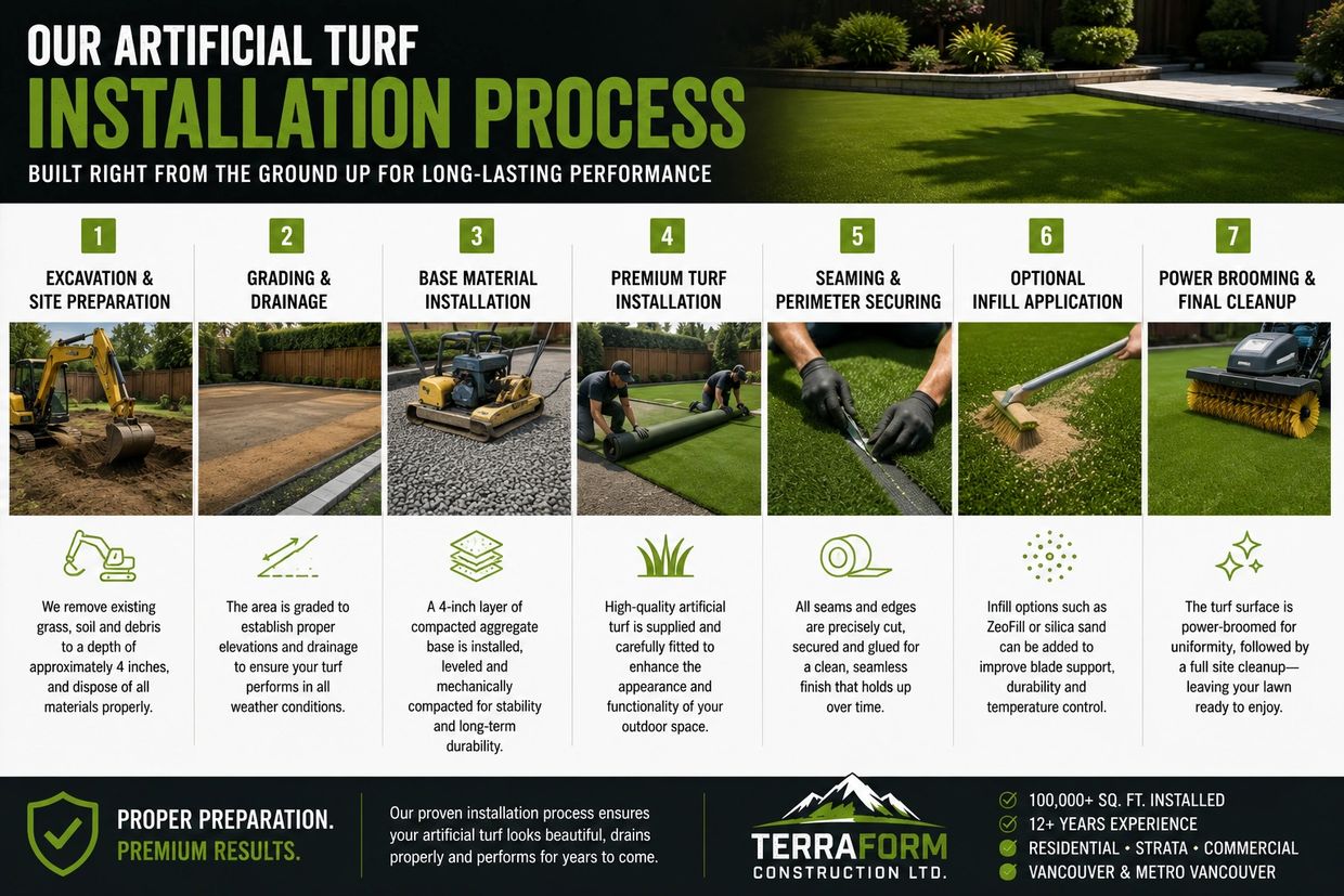 Artificial turf installation process including excavation, base preparation, drainage and turf insta