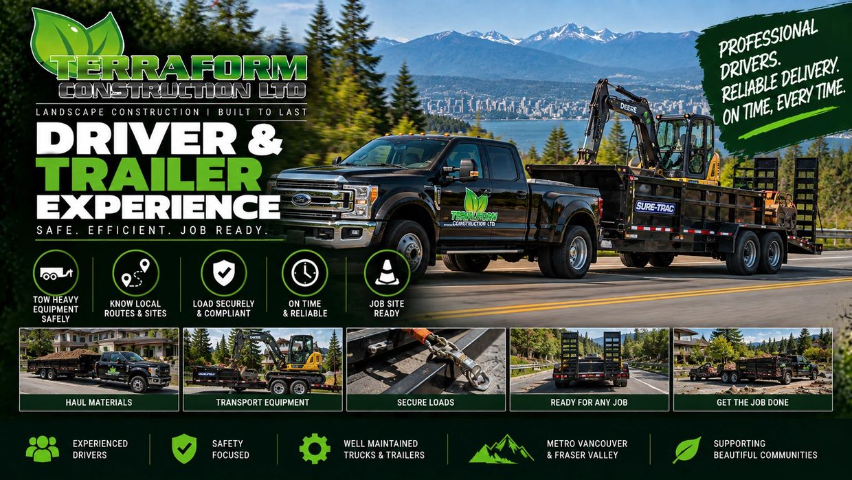 Driver and trailer experience transporting landscape construction equipment for Terraform Constructi