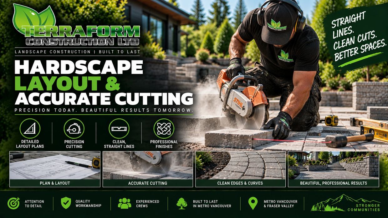 Hardscape layout and accurate paver cutting for landscape construction projects with Terraform Const