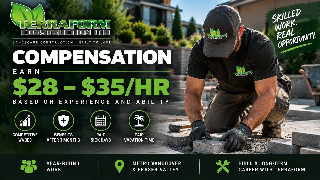 Hardscape and paver installer compensation of $28–$35 per hour with benefits at Terraform Constructi
