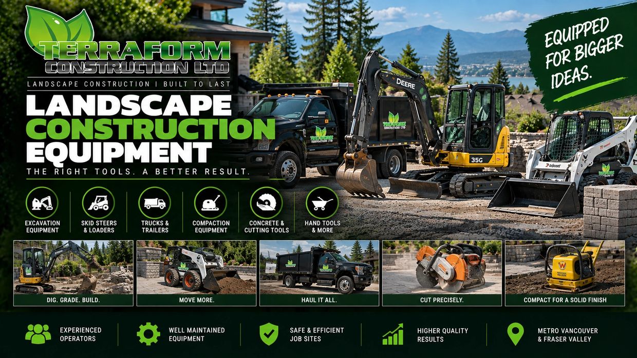 Landscape construction equipment including excavators, skid steers, trucks and compaction tools used