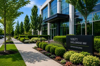 Richmond BC Commercial offices with nicely landscape front gardens, trimmed hedges, cut grass