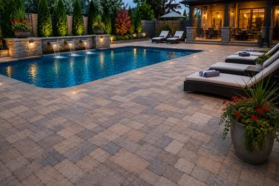 Paver stone pool deck installation in Vancouver BC featuring interlocking pavers luxury outdoor livi