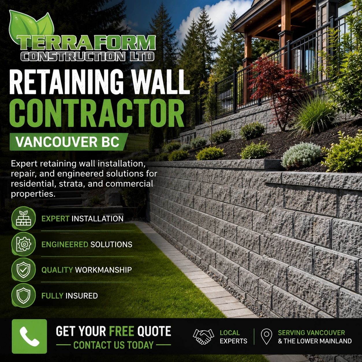 Retaining wall contractor in Vancouver BC providing retaining wall installation, repair, and enginee