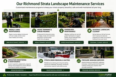 Richmond BC strata landscape maintenance services infographic including lawn care hedge trimming irr
