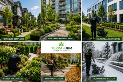 Collage of townhouse, condo, and commercial strata landscape maintenance services in Richmond BC inc