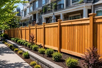 New cedar fence replacement project at townhouse and condo strata complex in Richmond BC with landsc