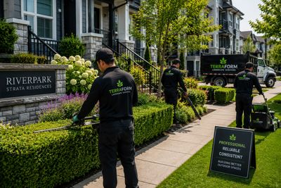 Terraform Construction landscape maintenance crew servicing Richmond BC strata property with hedge t