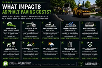 Infographic explaining factors that impact asphalt paving costs in Richmond BC including drainage, b