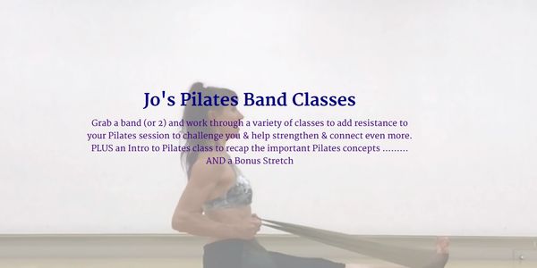Woman demonstrating Pilates band exercises against a plain background.