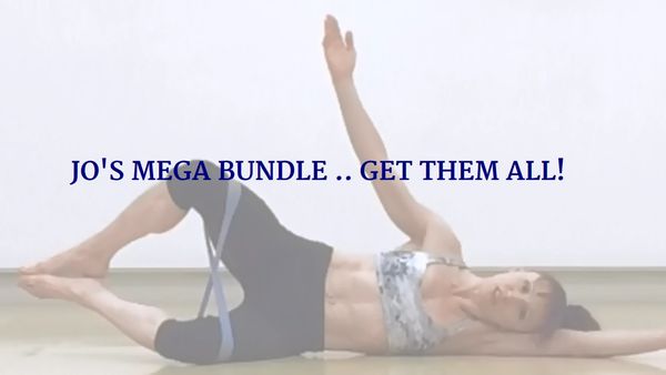 Woman exercising on the floor with resistance band and promotional text overlay.