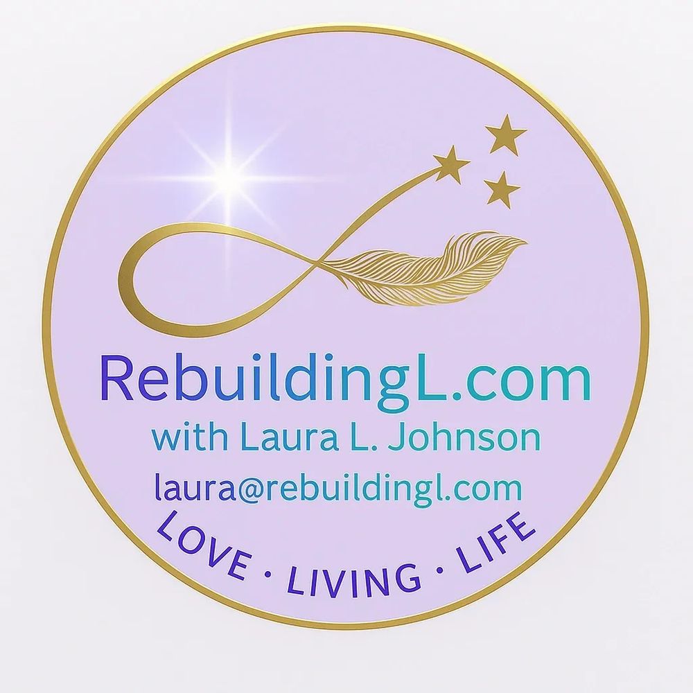 Logo for RebuildingL.com with a golden infinity feather and stars.