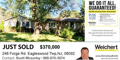 JUST SOLD
248 Forge Rd, Eagleswood, NJ, 08092
Scott McSorley, Weichert Realtor LBI
Cell: 908-670-357