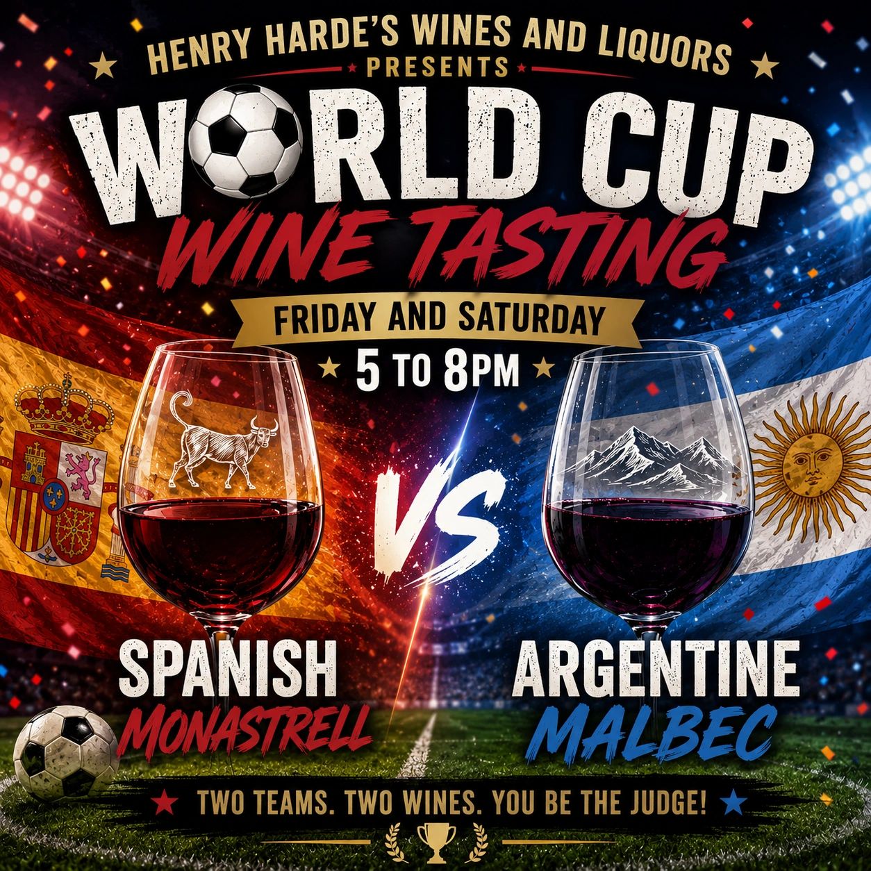 World Cup Wine Tasting : 7/17;and 7/18 from 5 to 8! Taste a Spanish Monastrell VS an Argentine Malbe