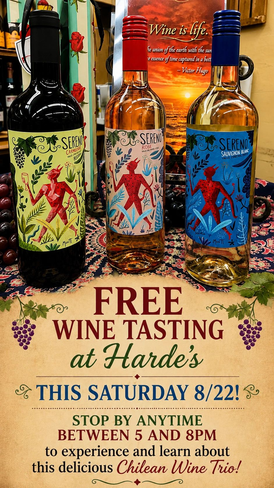 Advertisement for free wine tasting featuring Chilean wine trio.