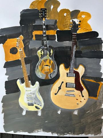Painting of three different guitars with a warm color palette.