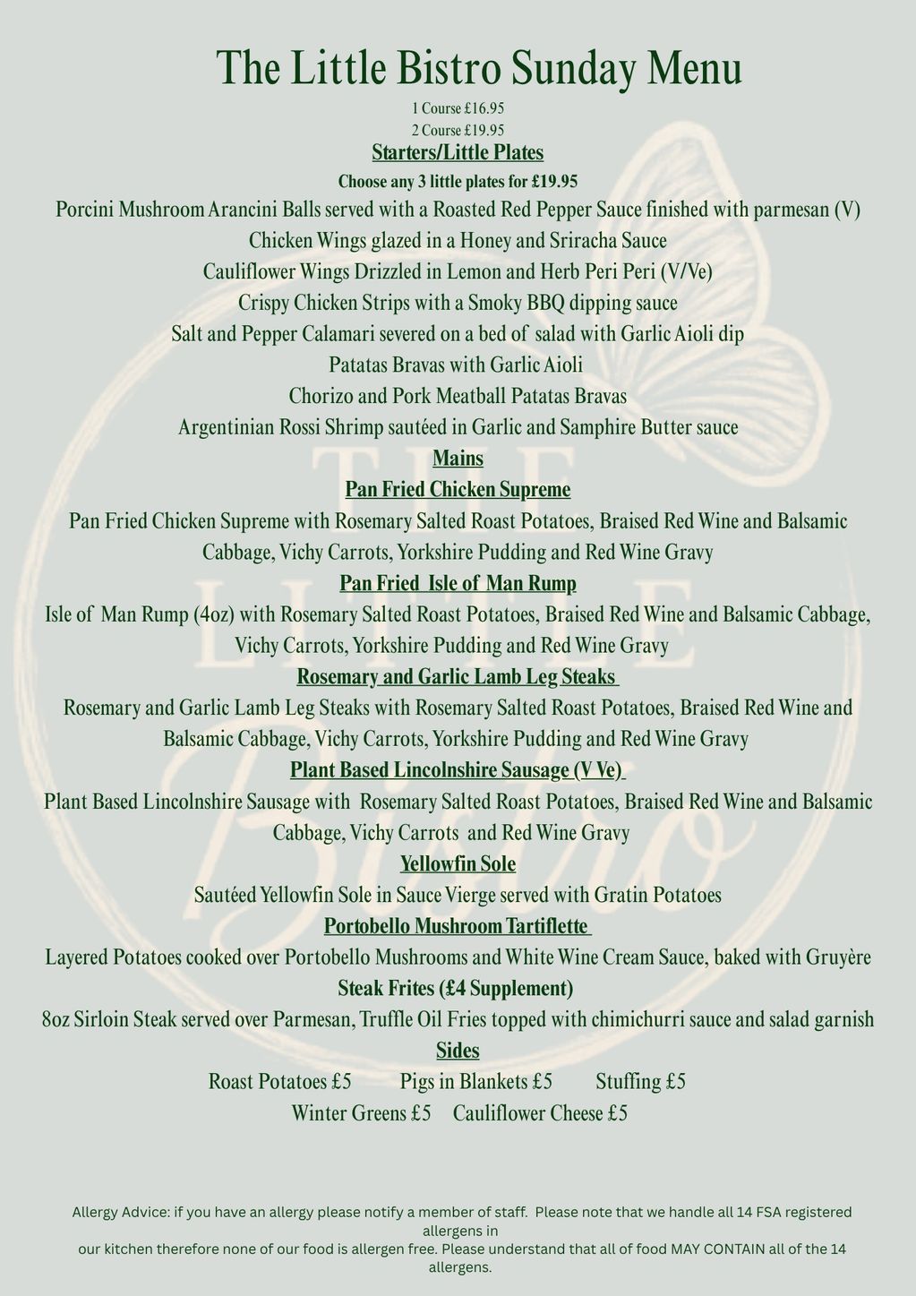 The Little Bistro Sunday menu with starters, mains, and sides including prices and allergy advice.