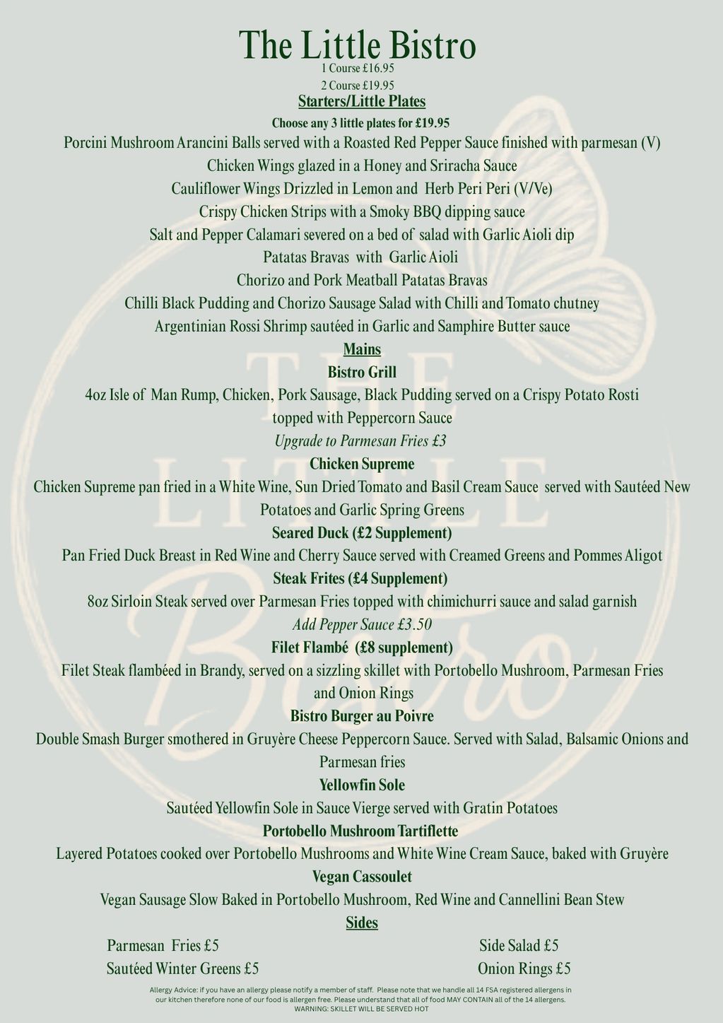 Menu from The Little Bistro featuring starters, mains, and sides with prices.
